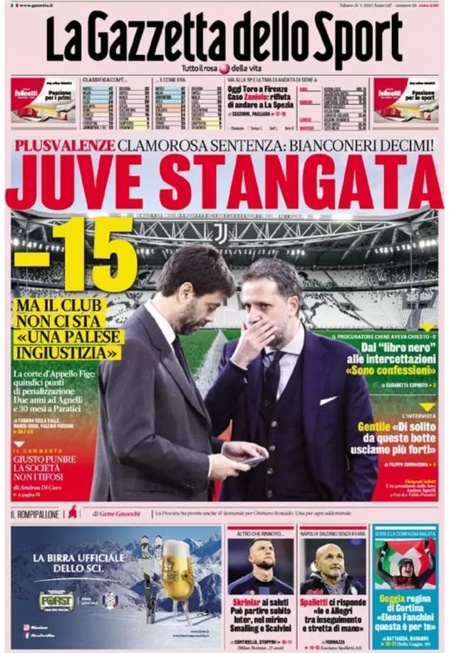 Gennaio Le Prime Pagine Dei Quotidiani Sportivi Juventus Stangata